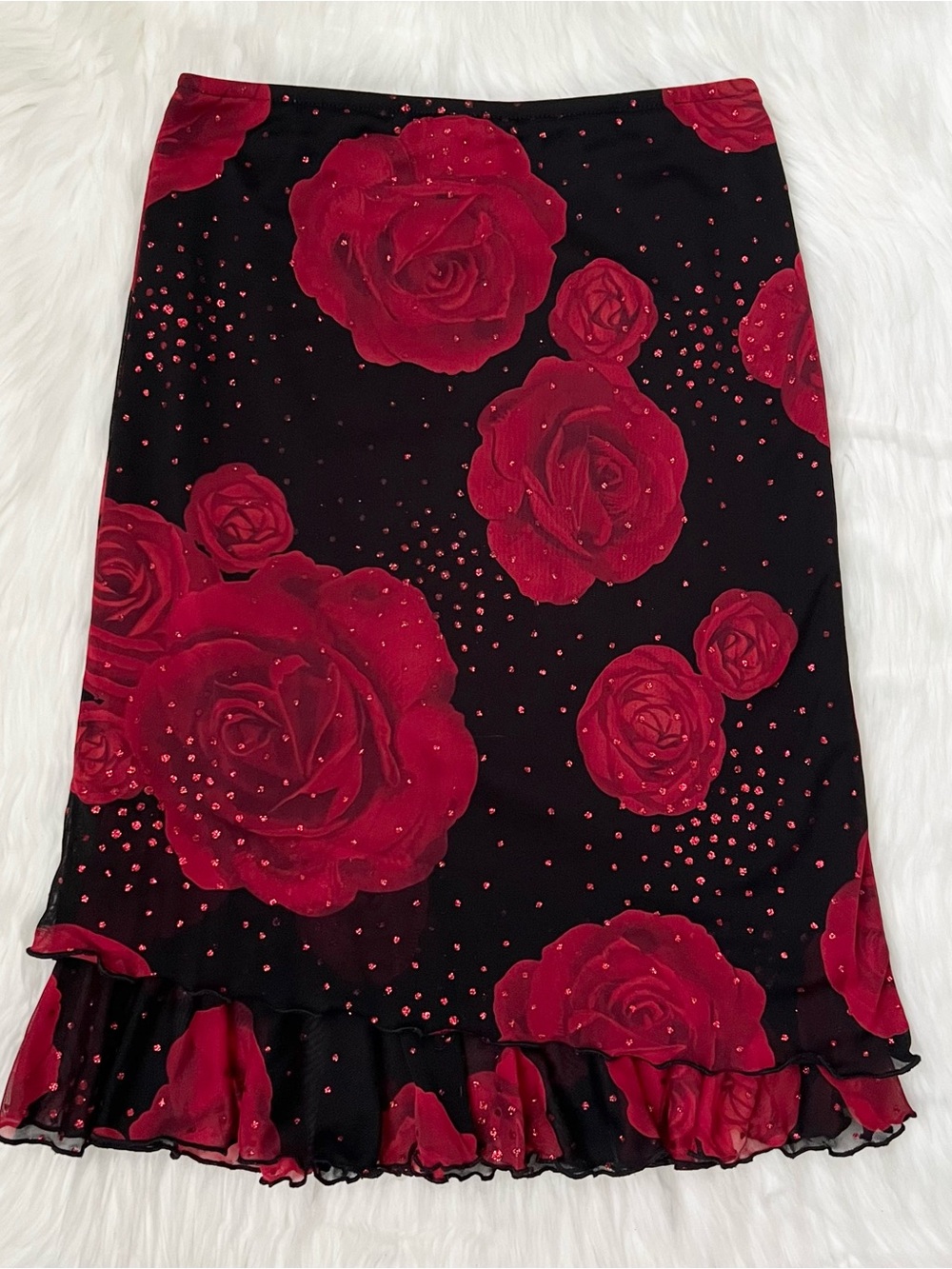 Amy Byer Black & Red Rose Print Knee Length Skirt With Ruffle Hem & Polka Dots